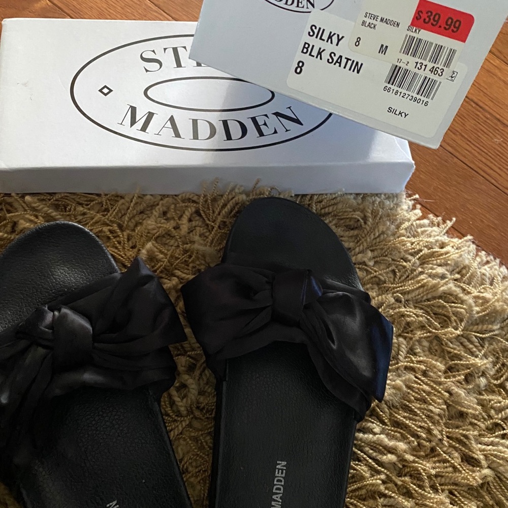 Steve Madden black Satin Bow Slides